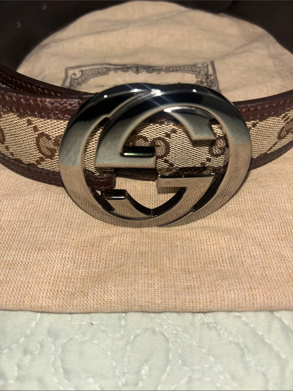Gucci Brown Monogram GG Canvas Belt with Silver Interlocking GG Buckle